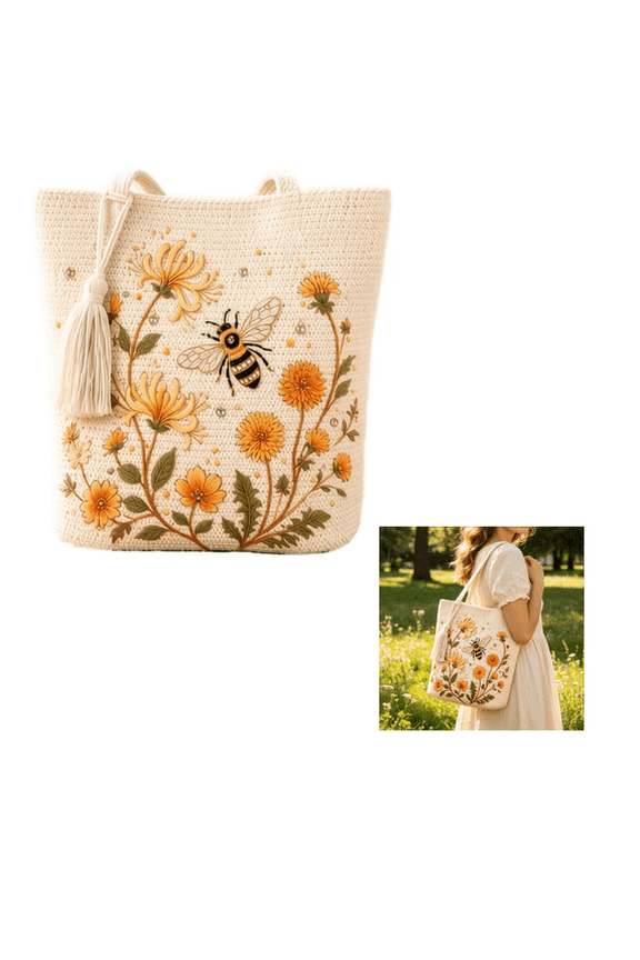 Handmade Crochet Bee Embroidered Tote Bag Floral Knitted Shoulder Purse Summer Beach Vacation Market Shopper Gift Women, Beach Purse for Women, Canvas Chrysanthemum