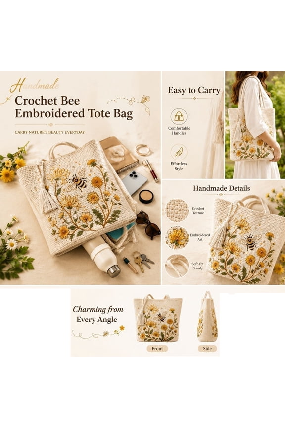 Handmade Crochet Bee Embroidered Tote Bag Floral Knitted Shoulder Purse Summer Beach Vacation Market Shopper Gift Women