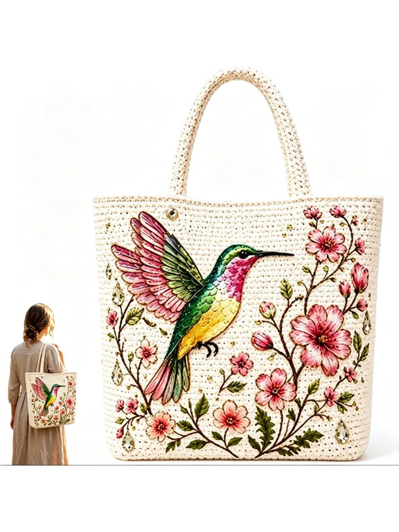 Handmade Crochet Bee Embroidered Tote Bag Floral Vintage Shoulder Bag Beach Purse for Women Canvas Chrysanthemum