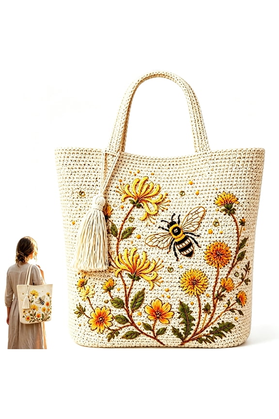 Handmade Crochet Bee Embroidered Tote Bag Floral Vintage Shoulder Bag Beach Purse for Women Canvas Chrysanthemum