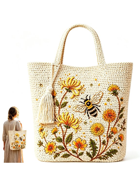 Handmade Crochet Bee Embroidered Tote Bag Floral Vintage Shoulder Bag Beach Purse for Women Canvas Chrysanthemum