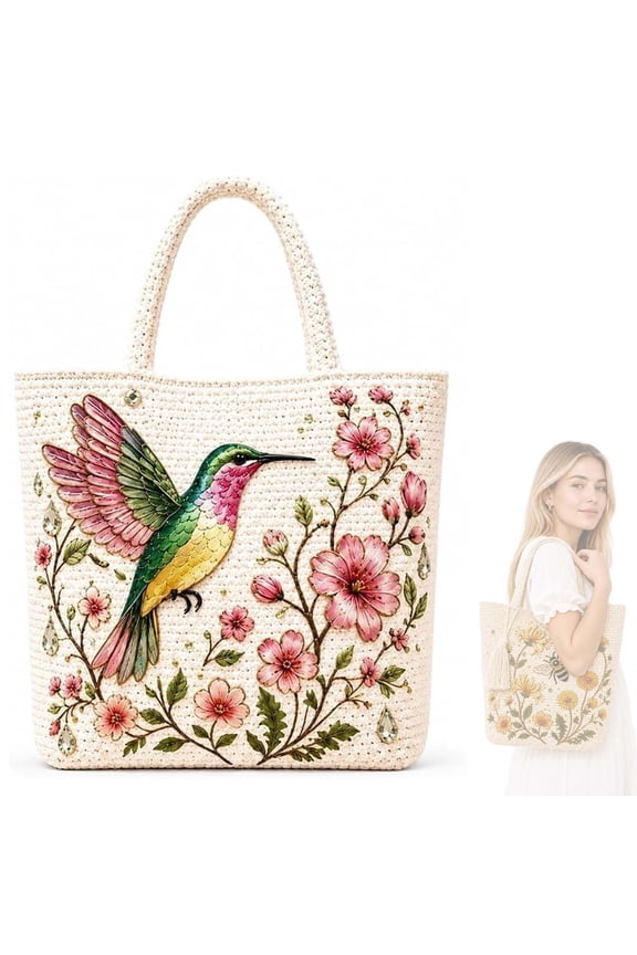 Handmade Crochet Bee Embroidered Tote Bag, Knit Shoulder Bag with Inner Lining & Pocket, Floral Bee Crochet Purse for Shopping Travel Beach Daily
