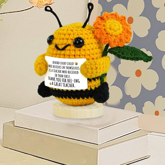Handmade Crochet Bee Teacher Appreciation Doll, Positive Inspirational Plush Toy, Thank You Gift With Message Card & Base, Mini Desk Decor, Teachers Day Graduation Gift,Yellow