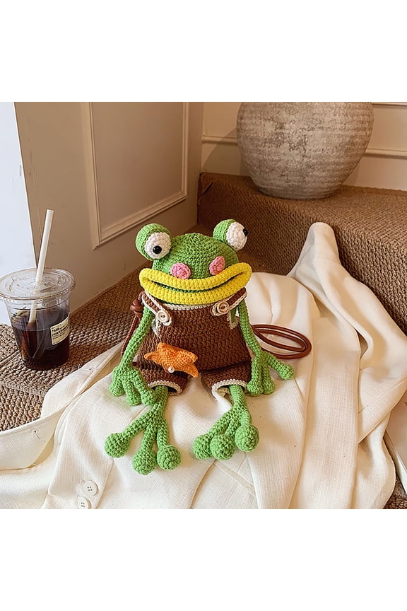 Handmade Crochet Big Mouth Frog Crossbody Bag Casual Versatile Knitted Phone Bags Overalls Ugly Cute Shoulder Bag