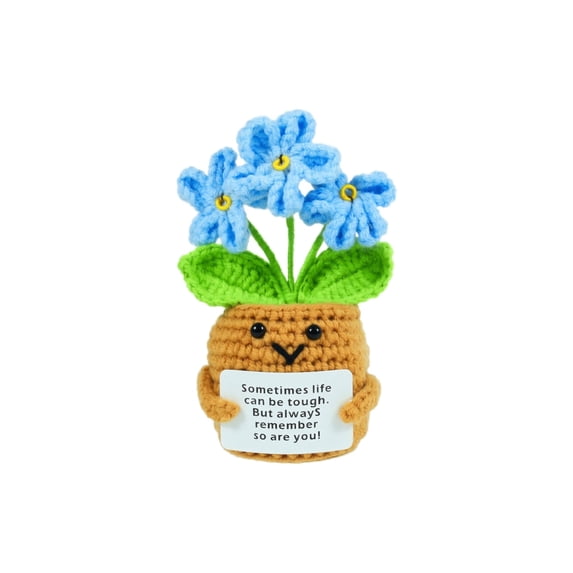 Handmade Crochet Blue Forget-Me-Not Potted Plant Figurine, Positive Crochet, Emotional Support Crochet, Cute Desk Decor, 3.5X2X4.75 Inch Small Yarn Flower Pot Ornament with