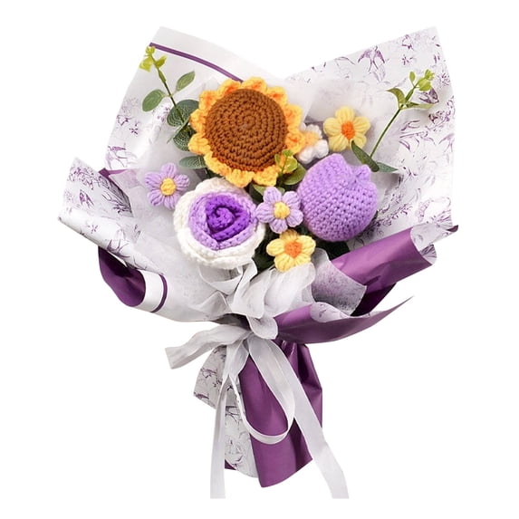 Handmade Crochet Bouquet Purple Roses & Sunflower - 35cm/13.78in Knitted Floral Arrangement, Elegant Home Decor Gift (Purple & Yellow)