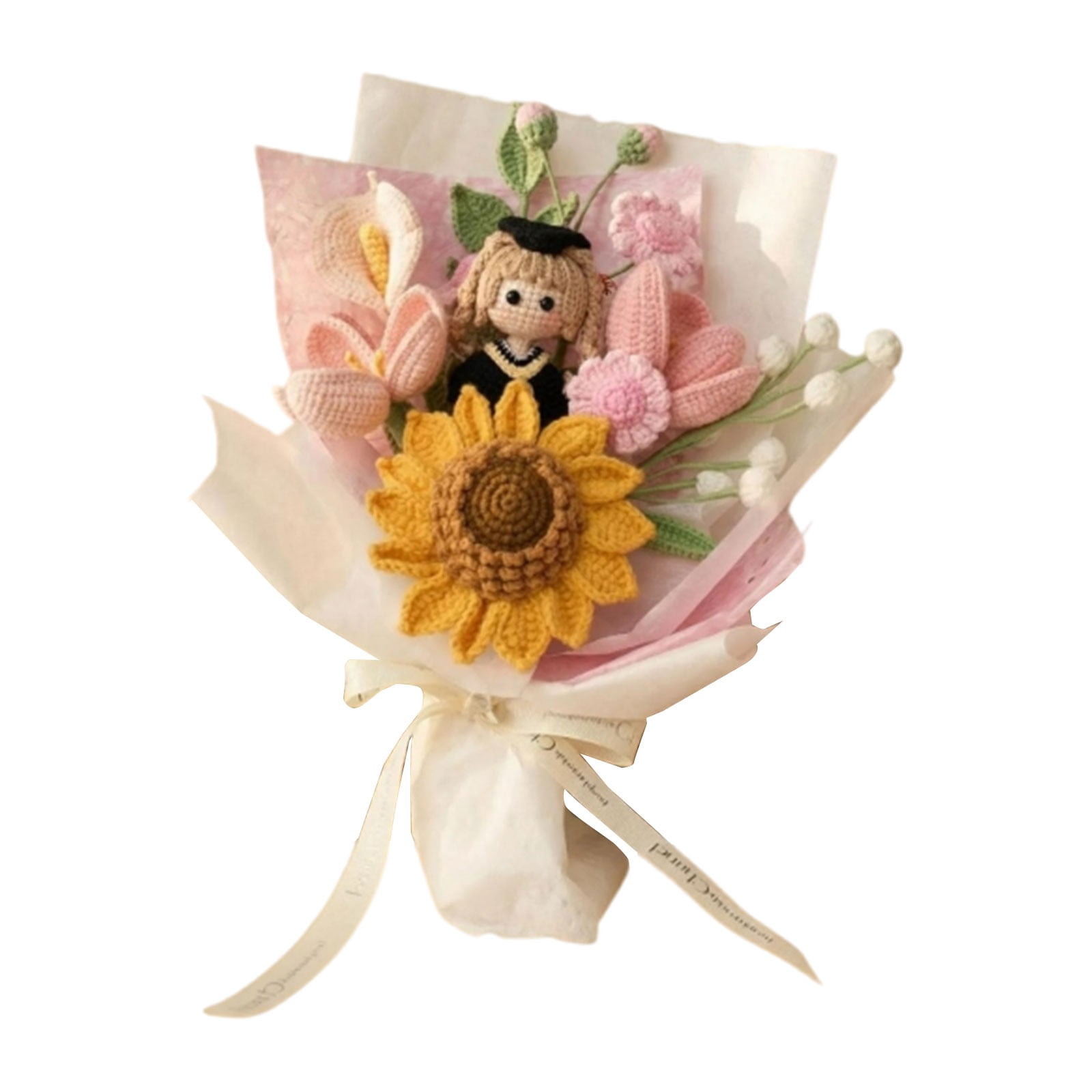 Handmade Crochet Bouquet, Sunflower Knitted Flowers, Artificial Knit Floral, Grad Greeting Cards, Grad Doll Bouquet, Home Decor Accent, Celebration Gift for Graduation