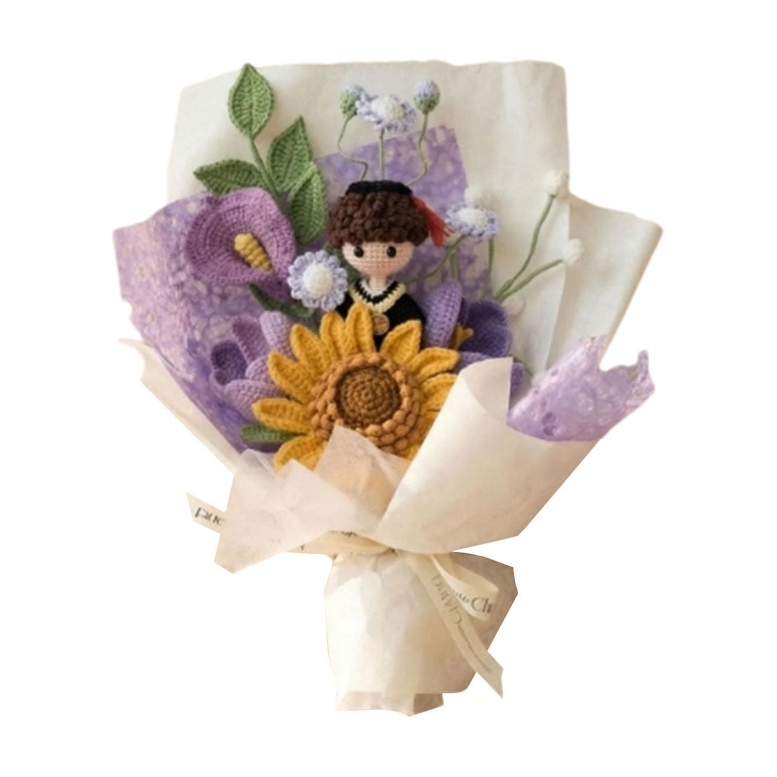 Handmade Crochet Bouquet, Sunflower Knitted Flowers, Artificial Knit Floral, Grad Greeting Cards, Grad Doll Bouquet, Home Decor Accent, Celebration Gift for Graduation Party, Gift for Her Him