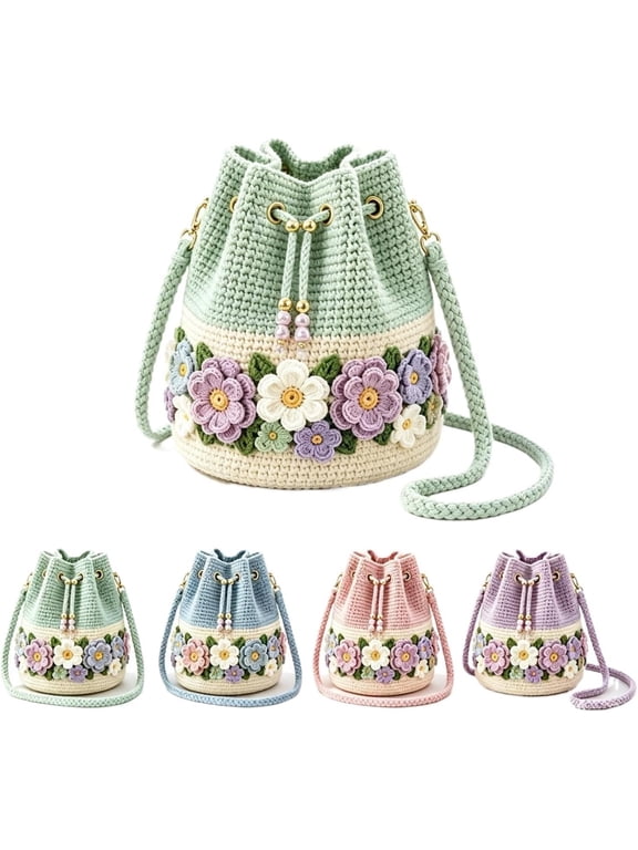Handmade Crochet Bucket Bag for Women Bloom Garden Crochet Flower Bucket Bag 3D Floral Drawstring Crossbody Purse, Lined Woven Shoulder Bag with Adjustable Strap