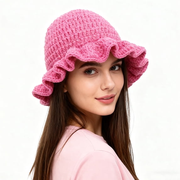 Handmade Crochet Bucket Hat for Women Ruffled Hat Quick Drying Washable Fashionable Colorful Wide Brimmed Hat Unisex Hat with Flounced Edge Bucket Hat Daily Casual Hat