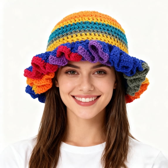 Handmade Crochet Bucket Hat for Women Ruffled Hat Quick Drying Washable Fashionable Colorful Wide Brimmed Hat Unisex Hat with Flounced Edge Bucket Hat Daily Casual Hat