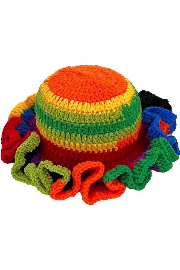 Handmade Crochet Bucket Hat for Women Boho Chic Slouchy Design Colorblock Ruffled Brim Festival&Daily Crochet Hat