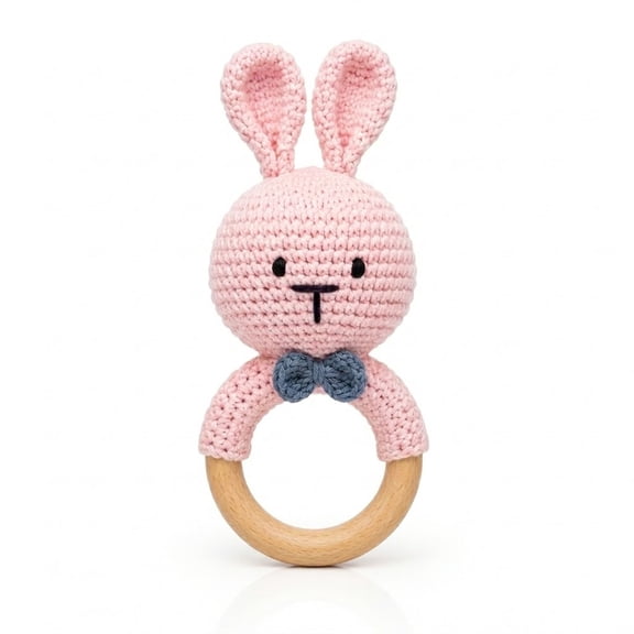 Handmade Crochet Bunny Wooden Ring Toy, Knitted Rabbit Character with Natural Wooden Ring, Decorative Nursery and Gift Accessory