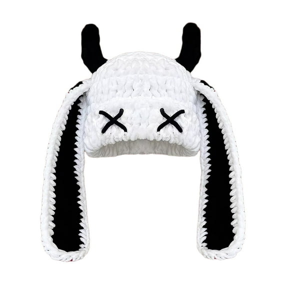 Handmade Crochet Cap with Devil Horn Long Ears Stretchy Pullover Hat Winter Warmth Hat Head Accessory