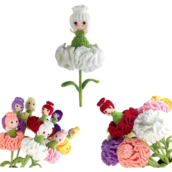 Handmade Crochet Carnation Flower Fairy Bouquet - Knitted Artificial Eternal Floral Gift for Mother's Day, Birthday, and Home Decor, White (1 PC) (k)