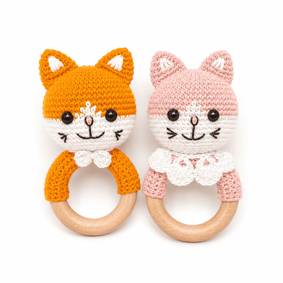Handmade Crochet Cat Wooden Ring Set, Knitted Animal Character Collection with Natural Wooden Rings, Decorative Craft Gift