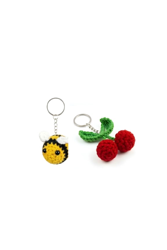 Handmade Crochet Cherry & Bee Keychain Set – Cute Soft Knitted Key Ring Charms for Bags, Keys & Gifts