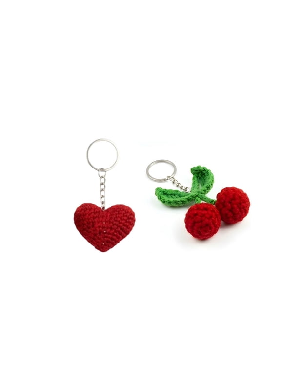 Handmade Crochet Cherry and Heart Keychain Set