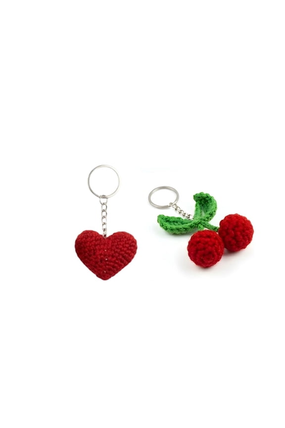 Handmade Crochet Cherry & Heart Keychain Set – Cute Soft Knitted Key Ring Charms for Bags, Keys & Gifts