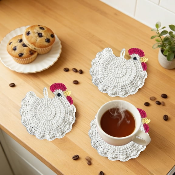 Handmade Crochet Chicken Tea Coaster, White Cotton Heat-Resistant Cup Pad, Washable & Reusable, for Coffee Table Tabletop Protection Home Decor