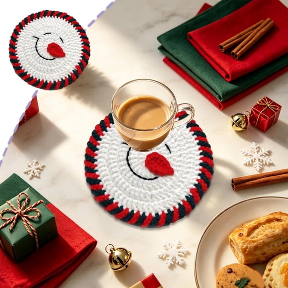Handmade Crochet Christmas Drink Coaster With Themed Pattern - Knitted Heat Insulated Table Mat For Mugs, Teacups, And Holiday Table Decor