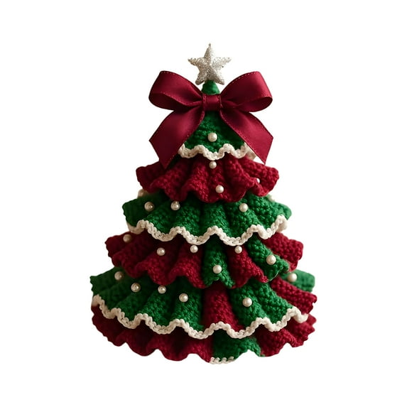 Handmade Crochet Christmas Tree Knitted Holiday Decoration for Home Tabletop Office and Gift Giving, Red Color