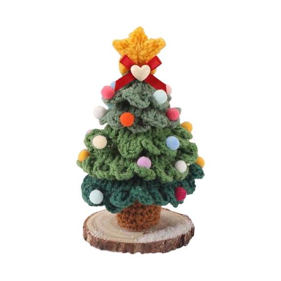 Handmade Crochet Christmas Tree with Wood Base and Star Ornament 5.9" Mini Knitted Xmas Trees Decoration for Tabletop Home Office Decor