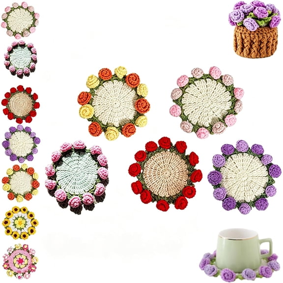 Handmade Crochet Coaster Set 2-in-1 Yarn Knitted Flower Bouquet Cup Mats for Home Table Decor, Premium Anniversary Gift for Women, 5-Pack (k)