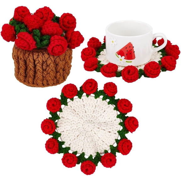 Handmade Crochet Coaster Set Flower Wool Yarn Hot Pads with Flower Basket Hand-Crocheted Rose Coaster Soft Decorative Drink Coasters