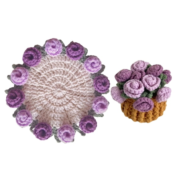 Handmade Crochet Coaster Set with Mini Storage Basket, Boho Floral Rose Coasters for Coffee Table, Vintage 3D Flower Drink Mat, Unique Housewarming & Wedding Gift(C)