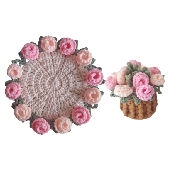 Handmade Crochet Coaster Set with Mini Storage Basket, Boho Floral Rose Coasters for Coffee Table, Vintage 3D Flower Drink Mat, Unique Housewarming & Wedding Gift(B)