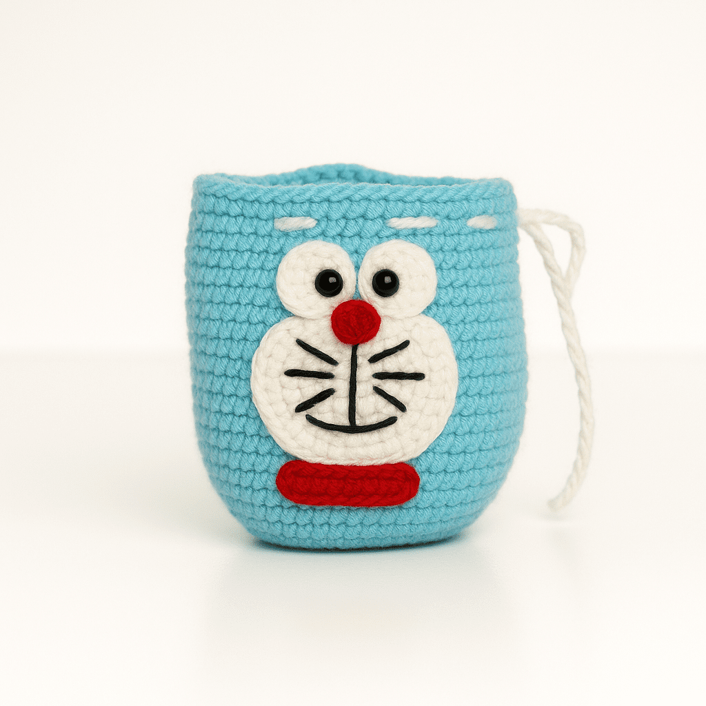 Handmade Crochet Coin Pouch – Blue Cartoon Face Woolen Bag with Drawstring | Cute Organizer for Kids, Girls & Gifting