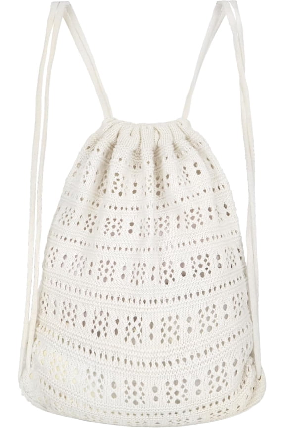 Handmade Crochet Cotton Drawstring Backpack Boho Purse Leisure Daypack