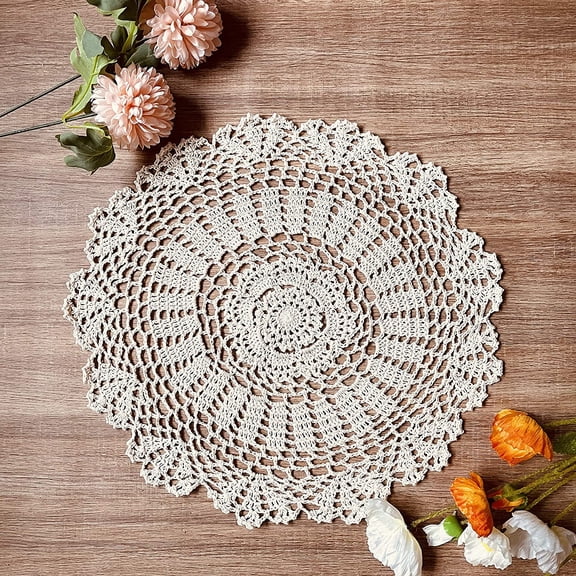 Handmade Crochet Cotton Lace Doilies(2Pcs),16inch New Round Table Colth Placemats Vintage Decorate Lace Floral Tablecloths - Beige