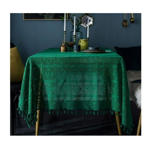 Handmade Crochet Cotton Lace Tablecloth Rectangular Tassels Table Cover Kitchen Dinning Tabletop Decoration, Green, 55"X78"
