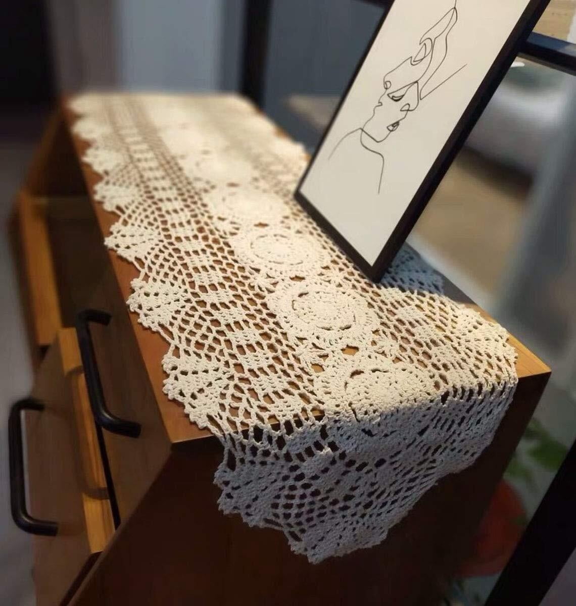 Handmade Crochet Cotton Table Runner Lace Doilies Doily Oval Dresser Scarves,11.8 by 35 Inches.