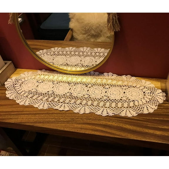 Handmade Crochet Cotton Table Runner Lace Doilies Doily Oval Dresser Scarves,11.8 by 35 Inches.