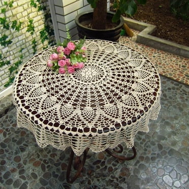 Handmade Crochet Cotton Tablecloth Round Beige Crochet Tablecloths Table Covers, Lace Vintage Woven Dining Kitchen Table Cover - 75-80cm