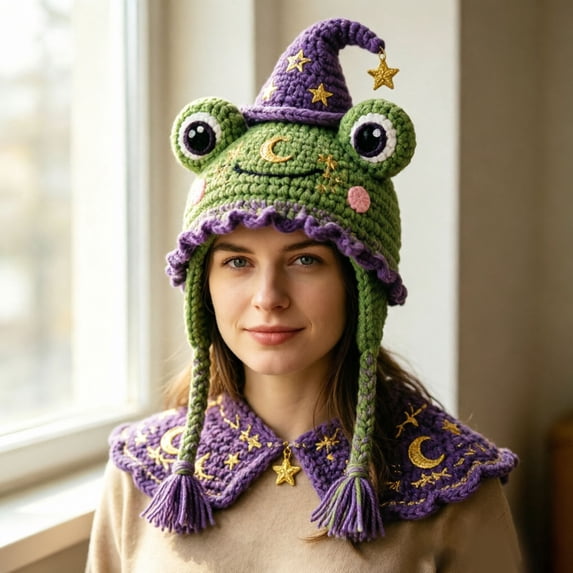 Handmade Crochet Craft Set Animal Hood Hat DIY Crochet Kit All‑In‑One Handcraft Set for Beginner Crafters Adults Fall Winter Hand‑Making Hobby Project
