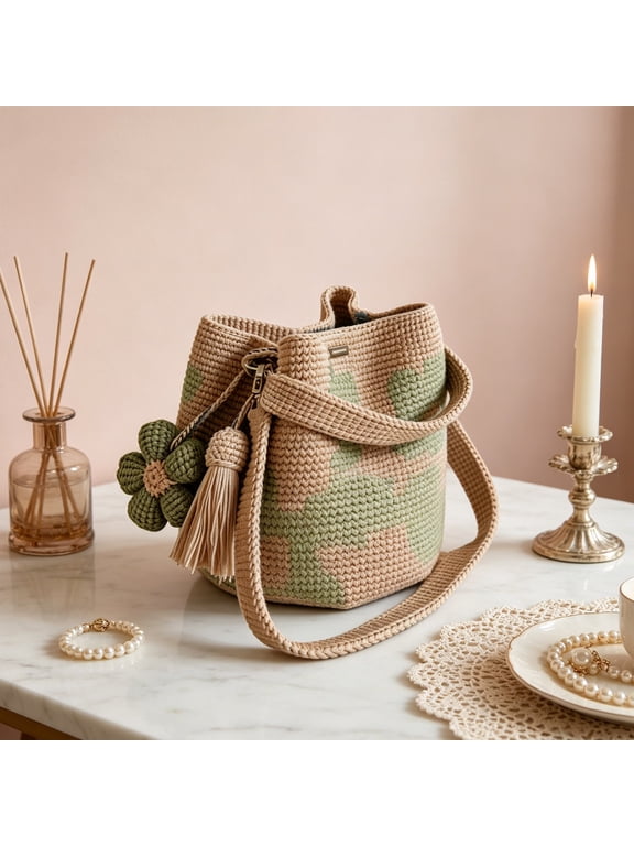 Handmade Crochet Crossbody Bag for Women, Boho Shoulder Purse with Detachable Flower, Mini Casual Woven Handbag for Daily Use