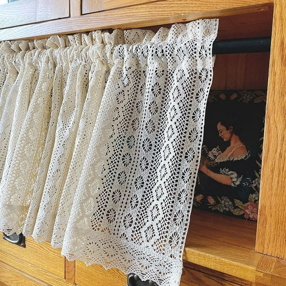 Handmade Crochet Curtain Tiers Rustic Boho Curtain Valance for Kitchen Window Farmhouse Coffee Bathroom Closet Decor Room Divider Rod Pocket Hollow Short Lace Curtains