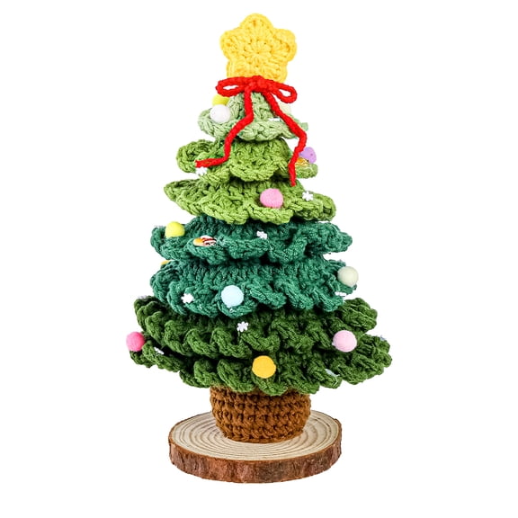 Handmade Crochet DIY Mini Christmas Tree Ornaments, Knitted Finished Product Xmas Tree with 7 Layers and Wooden Base for Christmas Party Home Office Table Decor (Green)