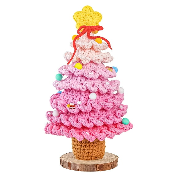 Handmade Crochet DIY Mini Christmas Tree Ornaments, Knitted Finished Product Xmas Tree with 7 Layers and Wooden Base for Christmas Party Home Office Table Decor (Pink)