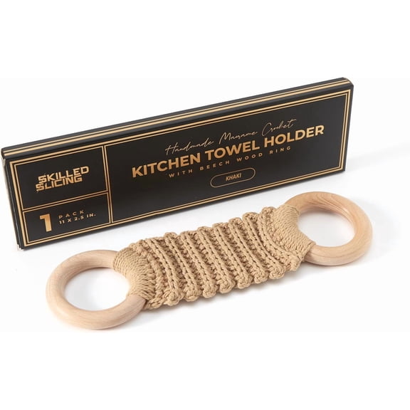Handmade Crochet Dish Towel Holder for Kitchen & Bathroom - Decorative Boho Macrame Kitchen Towel Hanger Loop Ring Makes a Unique Gift for Birthday Thanksgiving Day 11 Inches (Khaki)