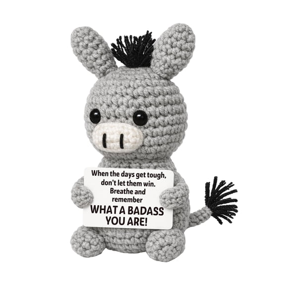 Handmade Crochet Donkey Doll Knitted Animal Figurine with Printed Message Card Small Desk Shelf Decorative Plush Style Accent