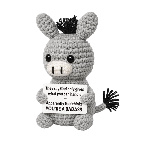 Handmade Crochet Donkey Doll Knitted Animal Figurine with Printed Message Card Small Desk Shelf Decorative Plush Style Accent