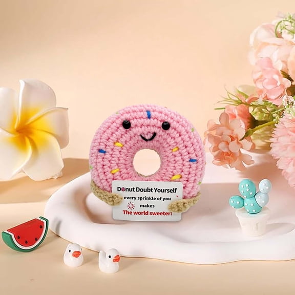 Handmade Crochet Donut Inspirational Knitted Food Desk Ornament Positive Party Stocking Stuffer for