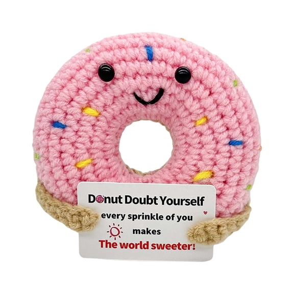 Handmade Crochet Donut, Pink, 10x10x4cm, Inspirational Message, Soft Yarn, Desk Decor or Stocking Stuffer