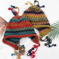 thumbnail image 1 of Handmade Crochet Earflap Beanie - Boho Style Colorful Striped Knit Winter Hat with Pom-Poms & Ties, Unisex Warm Cold Weather Cap-Green, 1 of 3