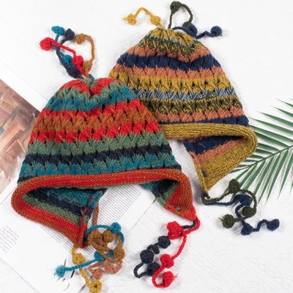 Handmade Crochet Earflap Beanie - Boho Style Colorful Striped Knit Winter Hat with Pom-Poms & Ties, Unisex Warm Cold Weather Cap-Green